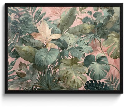 Poster in lijst - Fotolijst 80x60 cm - Posters - Compositie van bladeren - Groen - Roze - Posterlijst zwart - Decoratie - Wanddecoratie woonkamer - Muurdecoratie slaapkamer