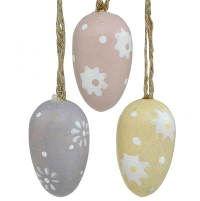 Mini paaseieren, houten eieren met bloemen, paasdecoratie paars, roze,