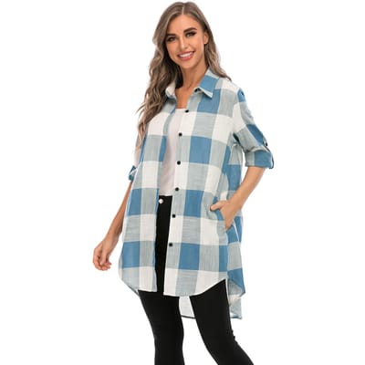 Chemise à carreaux pour femme avec manches longues retroussables, poches, col rabattu, boutonné, ample, décontractée X-Large bleu