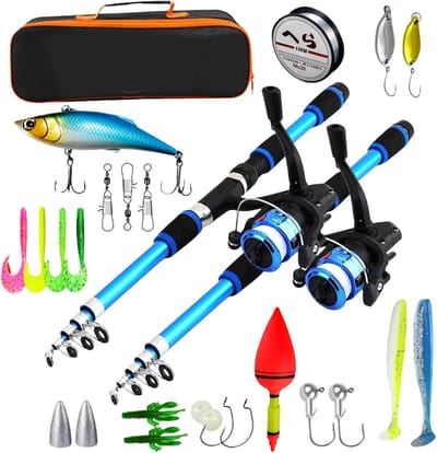 SnelShoppen - Set van 2 Hengelset voor Kinderen - Telescopische Hengel en Rol - 180 cm - Spinmolen met Draagtas - Voor Zout Water en Zoet Water - Blau