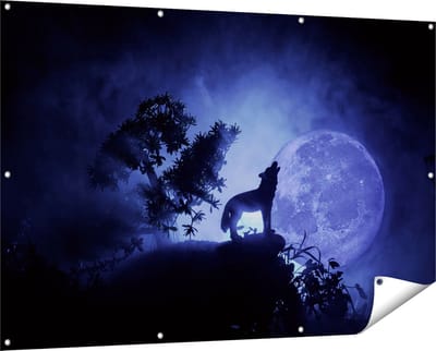 Gards Tuinposter Huilende Wolf in Silhouet bij Volle Maan - 150x100 cm - Tuindoek - Tuindecoratie - Wanddecoratie buiten - Tuinschilderij