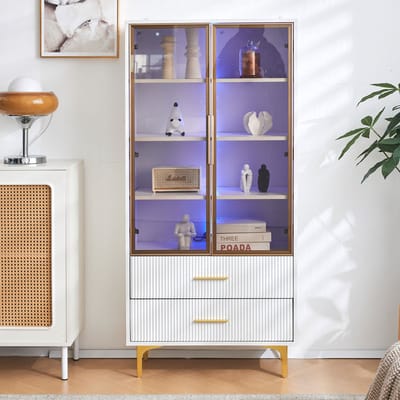 HAUSS SPOLE Vitrine - Glasvitrine Met Theekleurige Deuren - 16-Kleur LED En 2 Lades - Voor Woonkamer En Kantoor - Spaanplaat - 70x35x150 cm - Wit