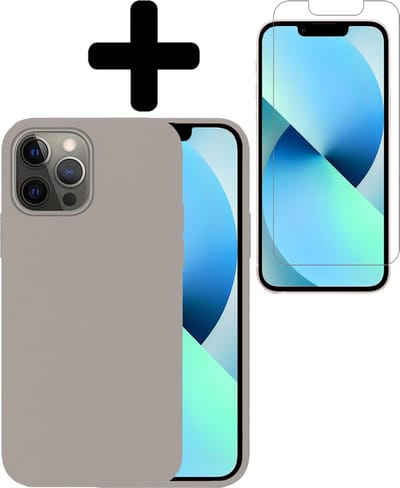 Hoesje - Met Screenprotector - Geschikt voor Apple iPhone 13 Pro Max - Sterk & Shockproof - Telefoon Hoes - Back Cover - Siliconen Case - Telefoonhoes - Grijs