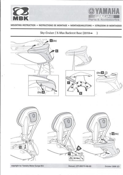 Bevestigingsset zadelrugsteun voor scooter MBK 125 Skycruiser 37P-BR772-00-01 zwart