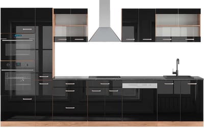 Vicco R-Line Complete keukeneenheid – 350 cm met hoge kast, antraciet werkblad Eiken hoogglans zwart/goud