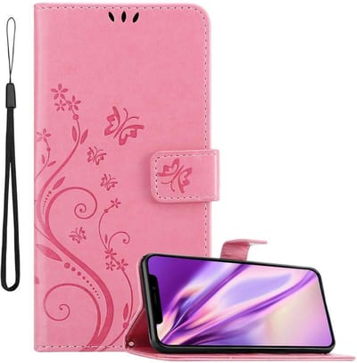 Cadorabo Hoesje geschikt voor Apple iPhone X / XS in BLOEMEN ROZE - Beschermhoes in bloemmotief met magnetische sluiting, standfunctie en kaartsleuven Book Case Cover Etui