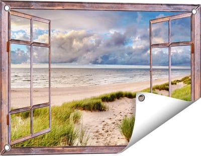 Gards Tuinposter Doorkijk Strand en Duinen met Bewolking - 60x40 cm - Tuindoek - Tuindecoratie - Wanddecoratie buiten - Tuinschilderij