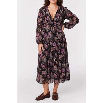 The Kooples Long-sleeved Dress In Rose Print Black / Purple Größe: 36 | Midikleider Outlet | Damen | Rosa