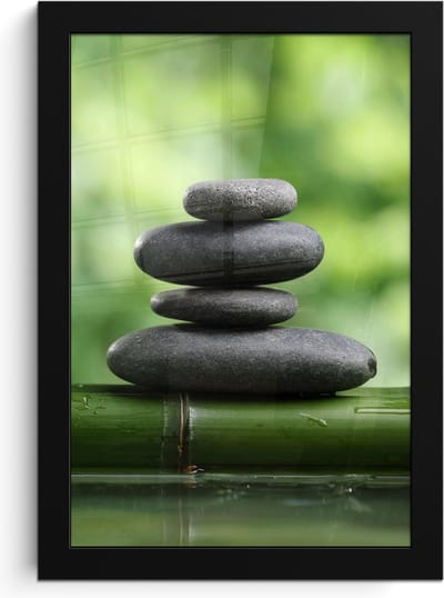 Poster in lijst - Fotolijst 20x30 cm - Posters - Zen - Stenen - Groen - Natuur - Bamboe - Posterlijst zwart - Wanddecoratie badkamer - Muurdecoratie WC - Decoratieve accessoires - Toilet muur decoratie