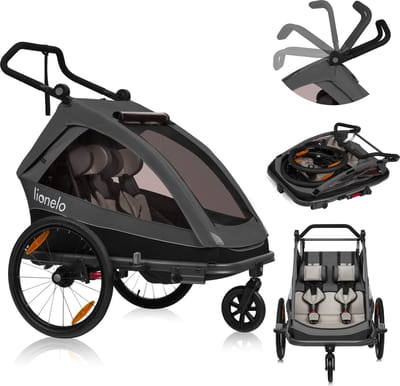Lionelo Cama 2in1 - Fietsaanhanger en Wandelwagen voor 2 persoons - Zwart - All-Terrain fietskar - Hardloopkinderwagen - Verstelbare Vering - Waterafstotend - Inclusief Accessoires - Opvouwbaar - Tot 2x22kg of 6 jaar - Voor E-Bikes en Normale Fietsen