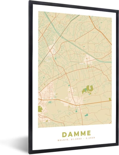 Fotolijst incl. Poster - Damme - Kaart - Vintage - Stadskaart - Plattegrond - 40x60 cm - Posterlijst