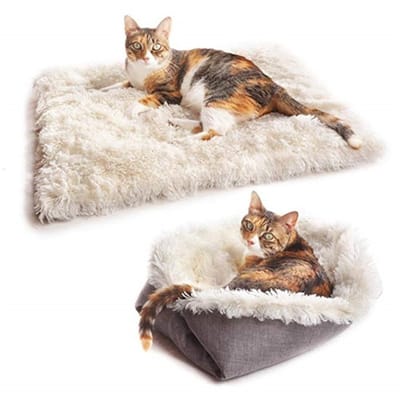 QTTVBTNA - 2-in-1 Huisdierbed - Pluche Kattenmand - Kattenkussen - Pluizig en Zacht - Voor Kleine Huisdieren - Wit - 61x51cm - 1 stuk