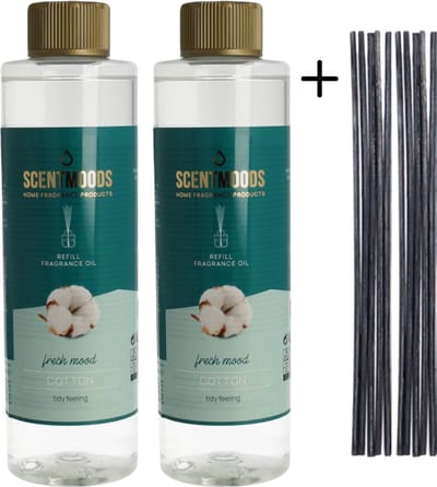 Scentmoods Geurstokjes Navulling Katoen Set van 2 + 12 Geurstokjes - Geurverspreider - Luchtverfrisser - Huisparfum - 400ml x 2
