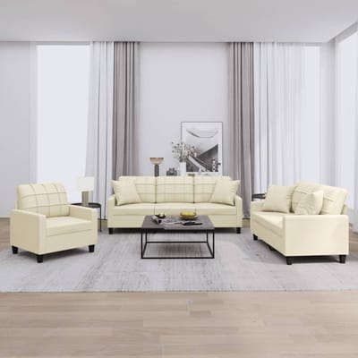vidaXL - 3-delige - Loungeset - met - kussens - kunstleer - crèmekleurig