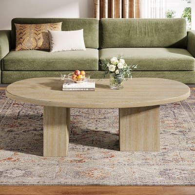Tribesigns Salontafel - Travertijn Look met Asymmetrische Sokkel - 115 x 65 x 40 cm(L x B x H) - Eik
