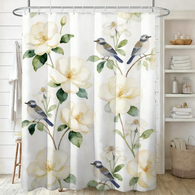 Witte Jasmijn Waterverf Bloemen met Gele Vlinders Waterdicht Douchegordijn 1pc-150x180