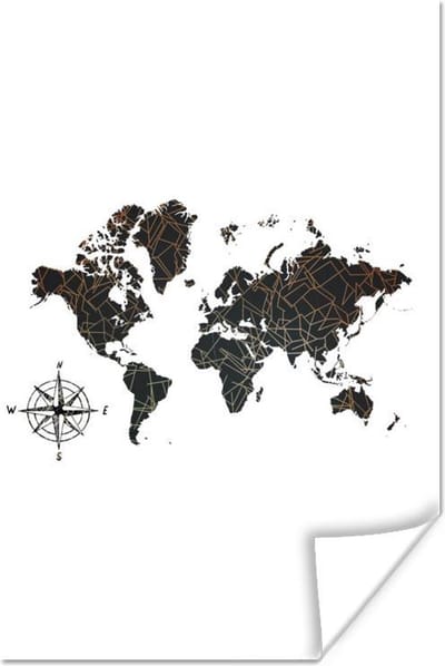 Poster 120x180 cm - Wereldkaart - Brons - Kompas - Posters - Kamer decoratie - Wanddecoratie woonkamer - Muurdecoratie slaapkamer XXL