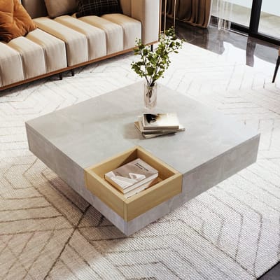 Salontafel - Woonkamermeubel - Bijzettafel met Uitneembare Opbergdoos - Beton Grijs en Houtkleur - 72x72x30 cm