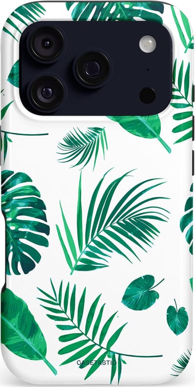 Casetastic hoesje geschikt voor Apple iPhone 17 Pro - MagSafe - Dubbellaagse bescherming - Groene Witte Jungle Bladeren Print - Fashion Case - Wit Mintgroen Turquoise