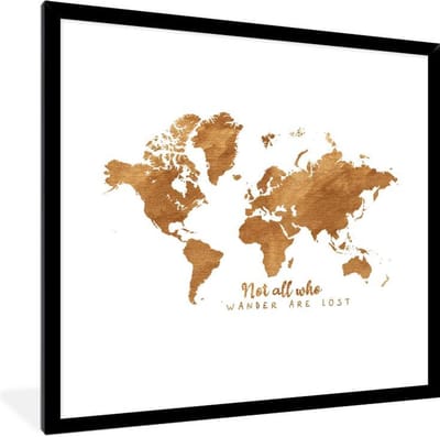 Poster in lijst - Fotolijst 40x40 cm - Posters - Wereldkaart - Brons - Quote - Posterlijst zwart - Decoratie - Wanddecoratie woonkamer - Muurdecoratie slaapkamer