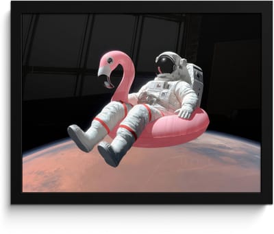 Poster in lijst - Fotolijst 40x30 cm - Posters - Astronaut - Flamingo - Zwemband - Roze - Posterlijst zwart - Decoratie - Wanddecoratie woonkamer - Muurdecoratie slaapkamer