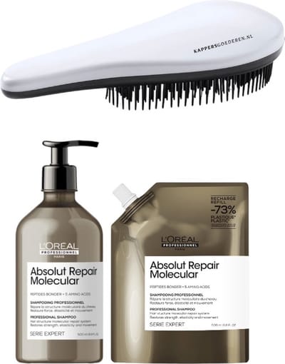 L`Oreal Professionnel - Absolut Repair Molecular - Shampoo + Refill + KG Ontwarborstel - 500 + 500ML - Beschadigd Haar