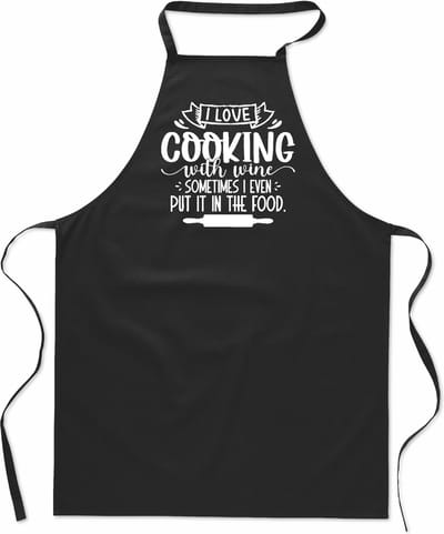 Tekstschort - Keukenschort - kookschort - I love cooking with wine - 100% katoen - verjaardag en feest - cadeau - kado - unisex - zwart