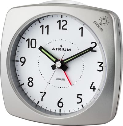 ATRIUM Wekker - Analoog - Zonder Tikgeluid - Zilver - Opbouwend alarmsignaal - Zachte knipperverlichting tijdens Alarm - Snooze - Glow in the dark wijzers - Grote Knoppen - Quartz Uurwerk - Wekkers Slaapkamers - Klok - A251-19