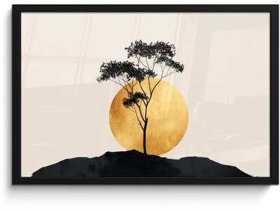 Poster in lijst - Fotolijst 60x40 cm - Posters - Zwarte boom - Gouden cirkel - Heuvel - Posterlijst zwart - Decoratie - Wanddecoratie woonkamer - Muurdecoratie slaapkamer
