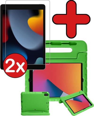 Hoesje - Geschikt voor Apple iPad 8 (2020) - 10.2 inch - 8e Generatie - Met 2x Screenprotector - Kinderhoes - Shockproof Bumper - Kidsproof Case - Tablethoes - Kinder Hoes Cover - Groen