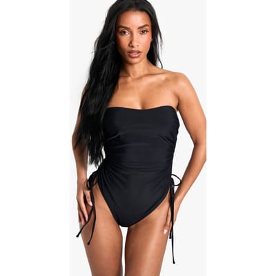 boohoo Dames Petite Swimwear Essentials Ruche Badpak | Zwart | Maat: 38