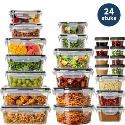 24-Delige Kunststof Vershoudbakjes Set – Luchtdichte 4-Zijdige Kliksluiting, Lekvrij – Transparant & BPA-Vrij – 36 ml tot 1 L – Rond, Rechthoekig & Vierkant – Koelkast, Vriezer & Magnetron Geschikt – Stapelbaar – Meal Prep, Restjes & Lunchbox