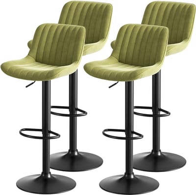 MIVRAY Barkruk - Set Van 4 - Hoogte Verstelbaar En 360 Graden Draaibaar - Voor Keuken En Bar - Velvet Groen Met Metalen Onderstel