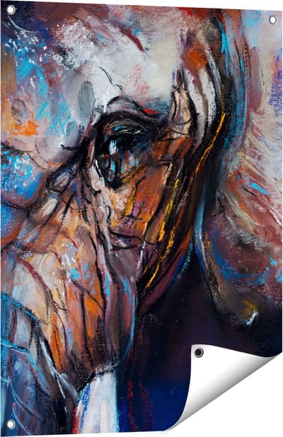 Gards Tuinposter Getekende Olifant van Dichtbij - Abstract - 60x80 cm - Tuindoek - Tuindecoratie - Wanddecoratie buiten - Tuinschilderij