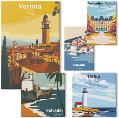 Wallfluent Set van canvas schilderijen - Landschappen van Europese steden met vuurtorens en paleizen Canvas Schilderijen Set - Set van 5 Canvas Schilderijen - Veelkleurig Set van Canvas Prints - Steden Canvas Kunst Set - Boheemse Canvas Kunst Set