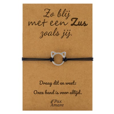 Pax Amare Armbandje met Schattig Katje "Zo blij met een Zus zoals jij" - Vriendschapsarmbandje Cadeau - BFF Armband Cadeau - Zwart & Zilverkleurig