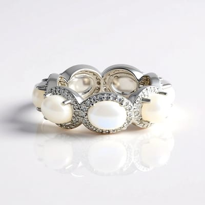 Cavill - Elegante Ring 925 Sterling Zilver - 7 Regenboog Maansteen Ovaal Cabochon 6,535 ct - 140 Pave Zirkonia 0,958 ct - Tijdloze Sieraad