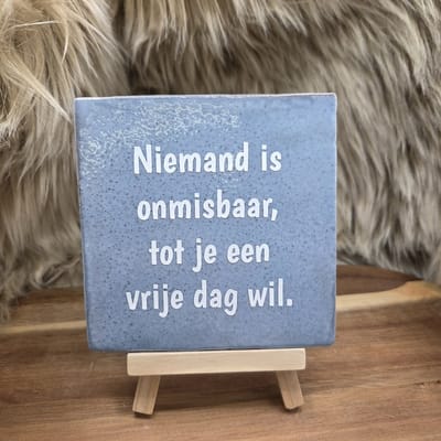 Robuust wenstegeltje – “Niemand is onmisbaar, tot je een vrije dag wil.” – Trendy nu – Wanddecoratie – Cadeau voor Collega, Baas of voor zomaar – Zomaar – Decoratief Tegeltje met Standaard – Stijlvol en Persoonlijk Woonaccessoire