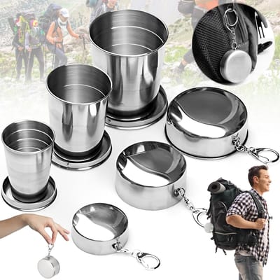 3 Stuks draagbare bekers, opvouwbaar RVS, draagbare telescopische opvouwbare beker voor buiten met sleutelhanger, Handig Voor Op Reis, Vakantie, Camping, verschillende maten, opvouwbare beker van RVS, 75 ml/150 ml/250 ml - Zilver
