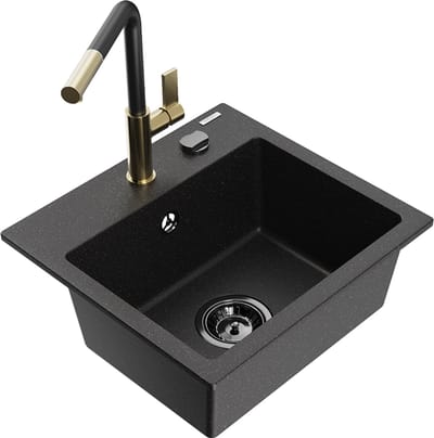 Mexen Milo granieten gootsteen 1-komors met keukenkraan Flora, zwart/zilver metallic - 6505-73-670401-57-B