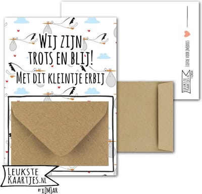 Geldkaart met mini Envelopje -> Baby - No: 1-3 (Wij zijn Trots en Blij! Met dit kleintje erbij - Ooievaar Wit/Neutraal) - LeuksteKaartjes.nl by xMar