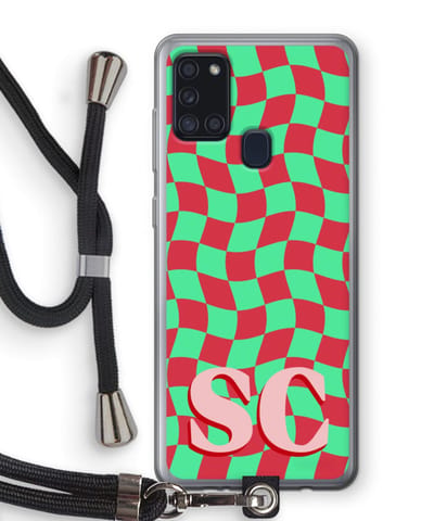 Gepersonaliseerd - Case Company® - Hoesje met koord geschikt voor Samsung Galaxy A21s hoesje met Koord - Grid Monogram - Telefoonhoesje met Zwart Koord - Bescherming aan alle Kanten en Over de Schermrand