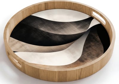 Dienblad rond 40x40 cm - Schootdienblad hout - Abstract - Golven - Zwart - Verweerd - Borrelplank rechthoek - Plateau houten dienbladen