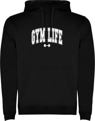 Zwarte unisex hoodie met “ Kleurrijke Gym Life – Op naar de Gym – Bodybuilden – Dumbell - Sport – Zet Door – Niet opgeven “ Print Full Color Color merk Roly maat S