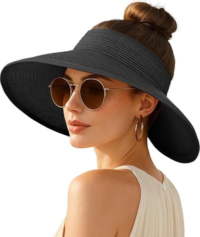 Ulisem - Dames Zonneklep Strohoed - Opvouwbare Zonnehoed Met Brede Rand En UV Bescherming - Verstelbare Visor Voor Strand Tuin En Vakantie - zwart