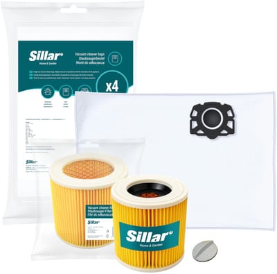 Sillar Stofzuigerzakken synthetisch, 4 stuks + 1x stofzuigerfilter versterkt met gaas - met bevestigingsplug - set voor stofzuigers - compatibel met Karcher WD1 WD2 WD3 WD3.200 KWD1 KWD2 KWD3 SE4 SE4001 SE4002 - vervangers