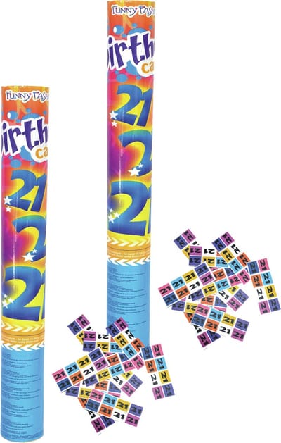 Funny Fashion confetti shooter/kanon - 2x - verjaardag 21 jaar - papier - multi kleuren - 40 cm - leeftijd feestartikelen