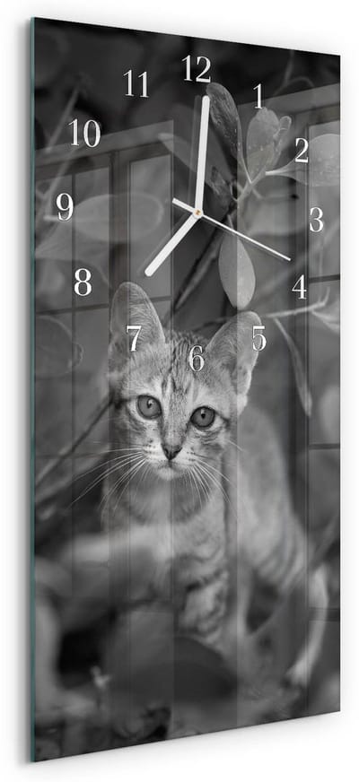 Tulup Wandklok - Kat Wandklok Glas Met Motief - 30x60 cm - Grijs Decoratieve Glazen Klok - Witte Handen - Rechthoekige Wandklok - Glazen Klok Met Print - Wandklok Glas Met Motief