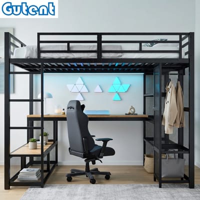 Gutent-Hoogslaper met bureau en kledingkast-140x200 cm-LED-verlichting-USB-aansluiting-zwart