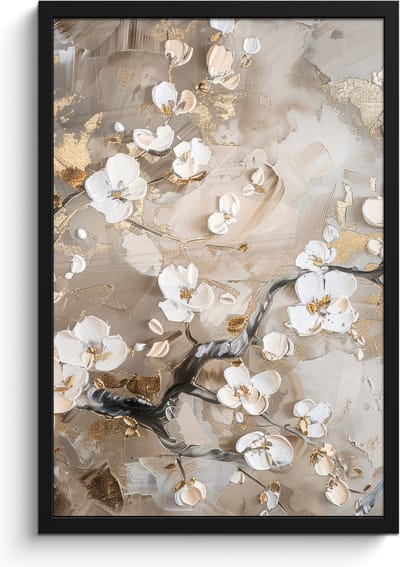 Poster in lijst - Fotolijst 40x60 cm - Posters - Bloemen - Wit - Goud - Beige - Luxe - Posterlijst zwart - Decoratie - Wanddecoratie woonkamer - Muurdecoratie slaapkamer